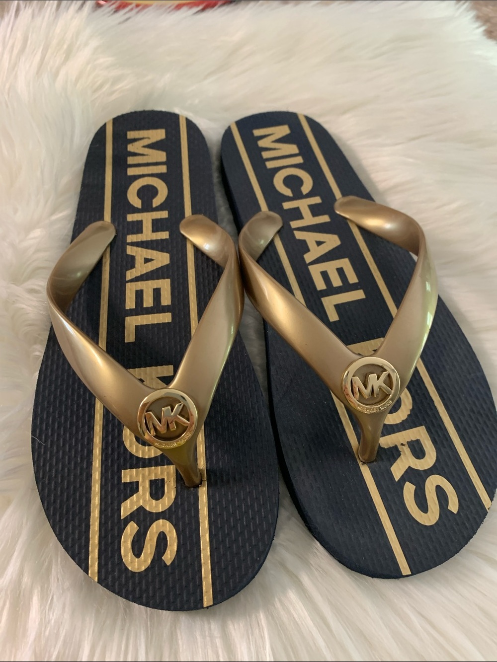 Michael Kors Navy & Gold Logo Flip Flops size 7